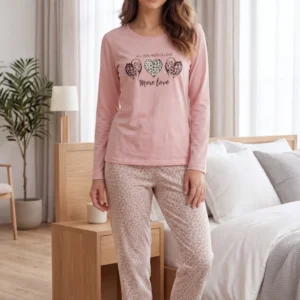 Pembe Üçlü Kalp Baskılı Leopar Desenli Kadın Pijama Takımı