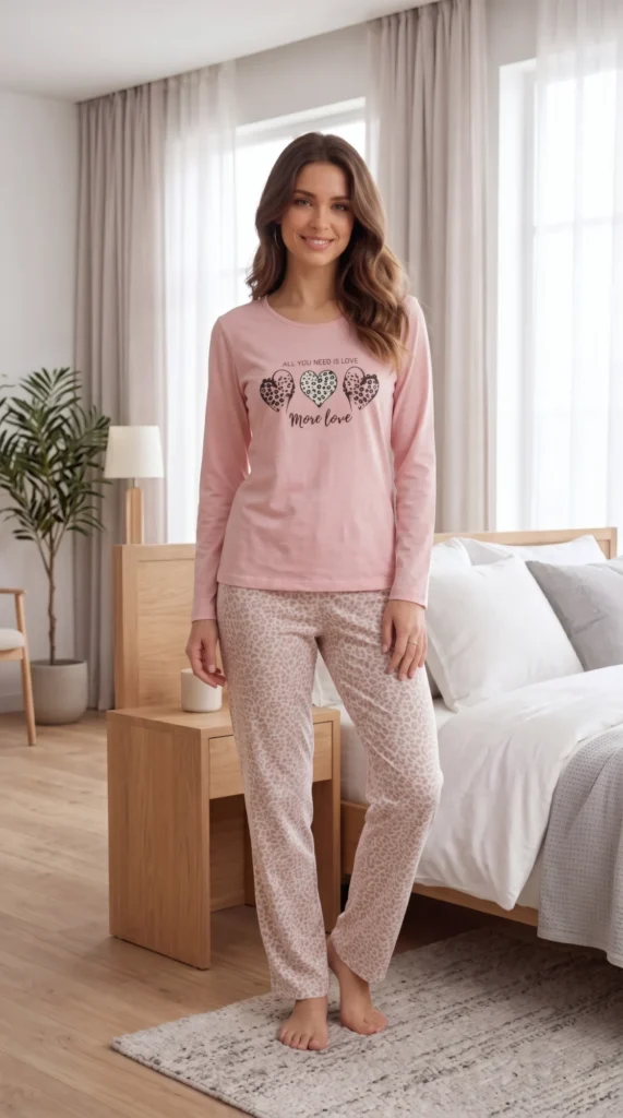 Pembe Üçlü Kalp Baskılı Leopar Desenli Kadın Pijama Takımı