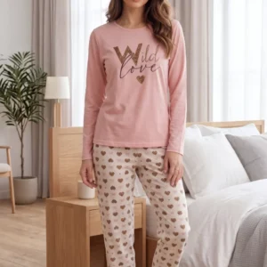 Pembe Leopar Kalp Desenli Wild Love Kadın Pijama Takımı