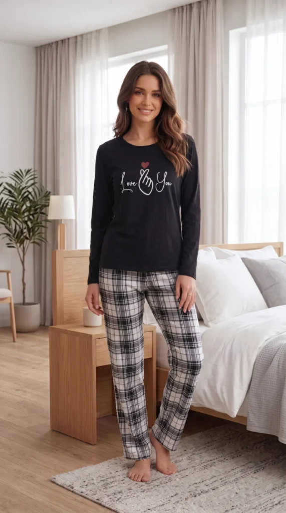 Siyah ekose desenli kalp figürlü pijama takımı